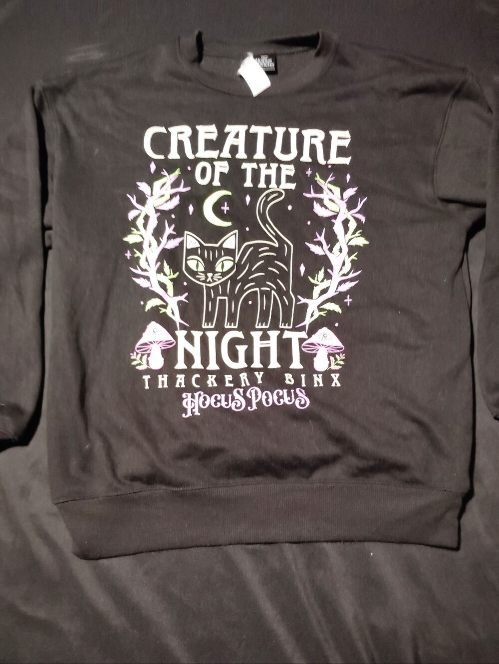 Disney Black Crewneck Sweatshirt with Purple & Green Hocus Pocus Cat Graphic